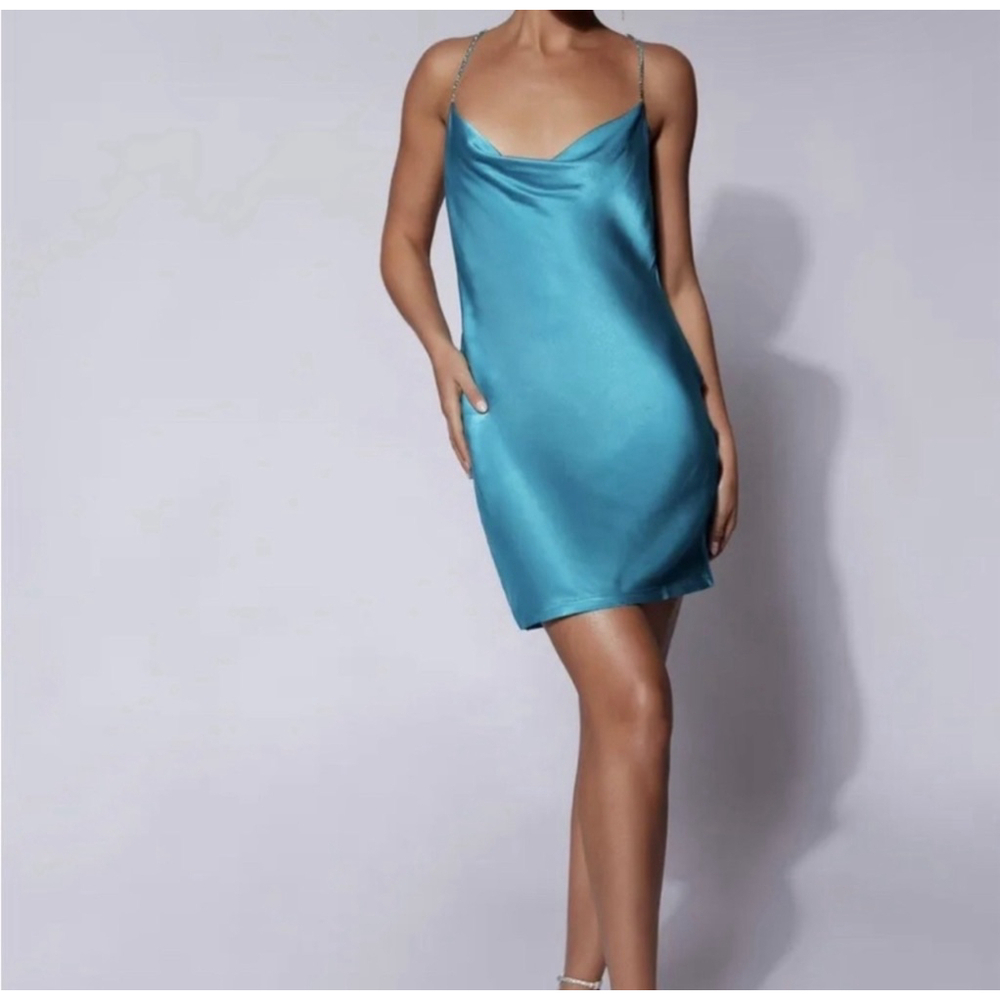 Meshki Dress Satin Cyan Blue “Sofie” Mini Rhinestone Strap Size Large NWT